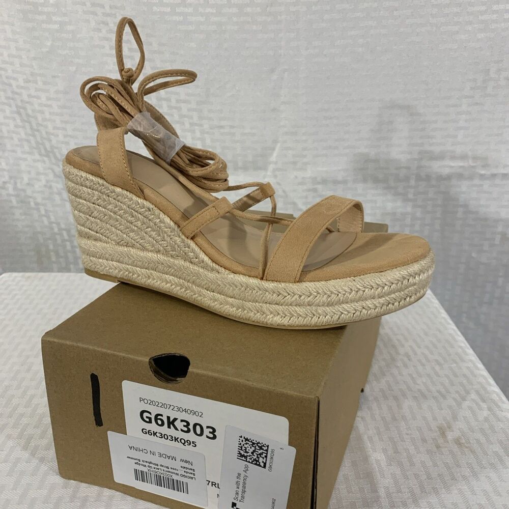 Laicigo Wedge Lace Up Strappy Sandals Womens 9.5 Nude Suede Heels